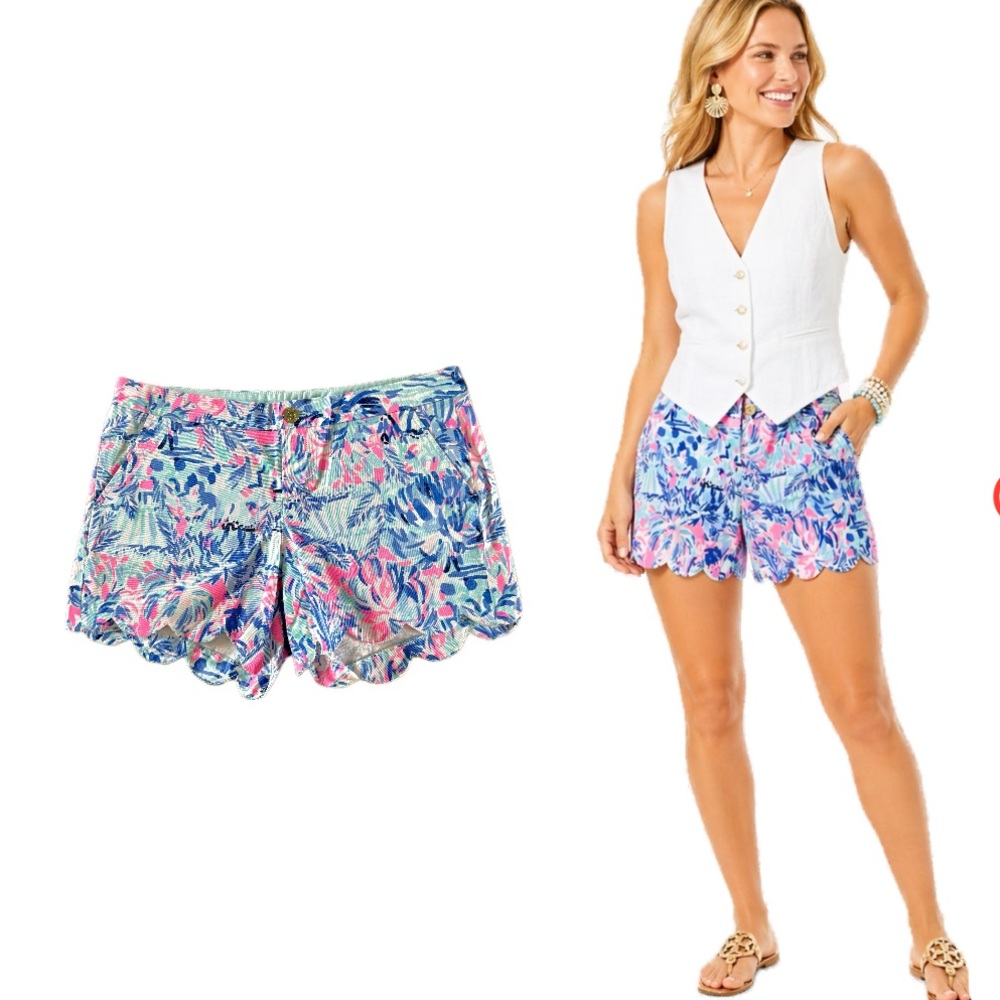 Lilly Pulitzer,  Buttercup Shorts Blue Pink Print Scalloped Hem, Size 10 EUC
